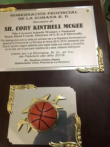 La Romana governor recognition plaque for Cory McGee, 2019